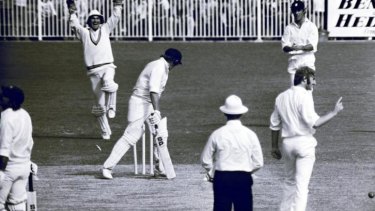 Gilmour is bowled by Peter Lever during the Centenary Test in Melbourne. It was his final Test innings.