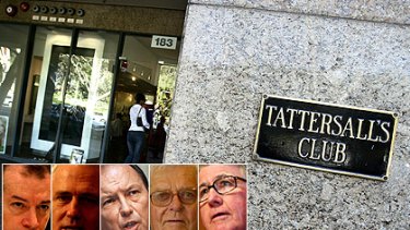 Tattersalls in Elizabeth Street and, inset, members John Alexander, Malcolm Turnbull, Chris Anderson, Tom Hughes and Neville Wran.