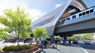 An artist's impression of the sky train at Murrumbeena station, part of the government's $5-6 billion plan to remove 50 levels crossings over two terms. 