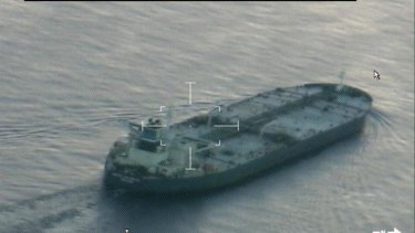 A still image from video taken by a US Coast Guard aircraft shows the oil tanker United Kalavyrta approaching Galveston, Texas late last week.