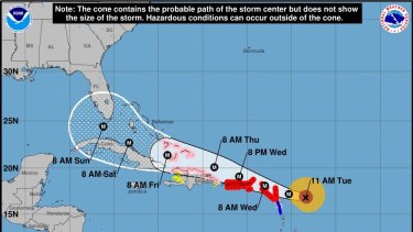 The predicted path of Hurricane Irma, now a Category 5 storm.