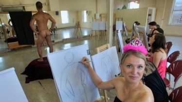Something to crow about: Bride-to-be Marta Badocha and her hens' party pals are keen students during a life drawing class at the Artful Hen in Prahran.