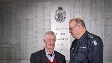 Former policeman Denis Ryan with Chief Commissioner Graham Ashton.