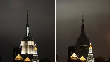 The Empire State Building turns off its lights in this combined image showing before (left) and during (right) Earth Hour in New York.