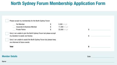 The North Sydney Forum application form inviting donations to Joe Hockey.