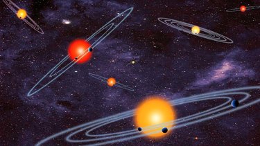 An artist's illustration shows multiple-transiting planet systems, or stars with more than one planet.