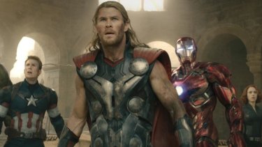 Too much of a good thing: Captain America (Chris Evans), Thor (Chris Hemsworth), Iron Man (Robert Downey Jr.), Black Widow (Scarlett Johansson) in Marvel's <i>Avengers: Age Of Ultron</i>.