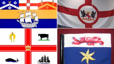 The flags of (clockwise from top left) Sydney, Perth, Hobart and Melbourne.