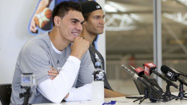 Skyscrapers: Steven Adams and Brook Lopez talk to media during a press conference at ASB Sports Centre in Wellington.