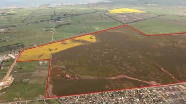An aerial view of the site of Lend Lease's proposed residential development at Werribee bordered by Black Forest, McGrath and Bulban roads. Source: Lend Lease