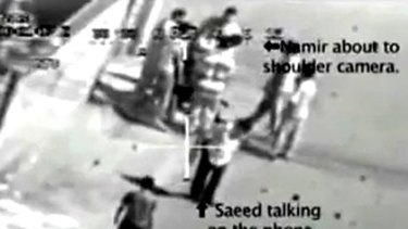 A still from the leaked video pointing out the killed Reuters journalists.