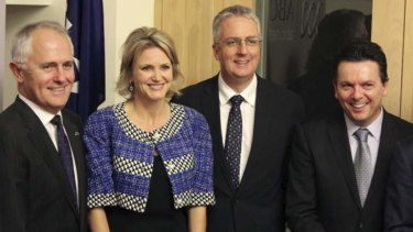 Communications Minister Malcolm Turnbull, Labor MP Melissa Parke, ABC managing director Mark Scott and independent senator Nick Xenophonat the launch of Parliament Friends of the ABC.