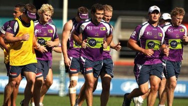 Calm before the Storm ... Melbourne players train yesterday before the bombshell that rocked the NRL.
