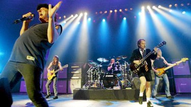 AC/DC with lead singer Brian Johnson and Angus Young on guitar, in Munich in 2003.