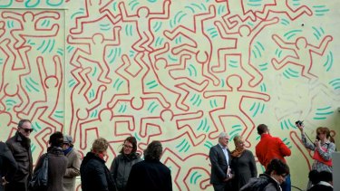 Conservator Antonio Rava and Arts Minister Heidi Victoria at the unveiling of Keith Haring's restored Collingwood mural.