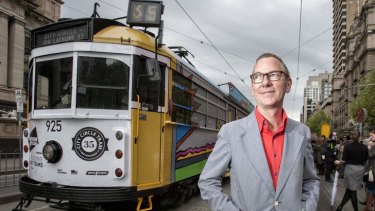 Artist Jon Campbell with his 'Backyard' design for one of eight art trams that will be rolling around during the Melbourne Festival.