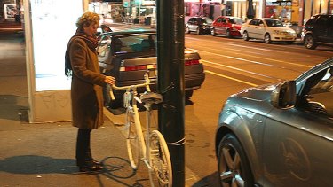 Grief ... Dr Nicky Martin with a ghost bike on the spot where James was killed on Glenferrie Road, Hawthorn.