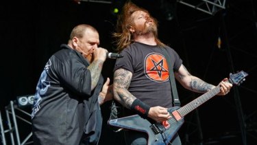 Rob Dukes and Gary Holt of Exodus perform on stage at Bloodstock Open Air Festival in England.