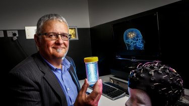 Researcher Dr Joeph Ciorciari at the Swinburne University with the hydrogel, which is the next generation of condoms with properties similar to human skin.