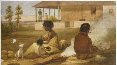 An image from <i>The Colony</i> depicts an Aboriginal family at a white settler's farm. The painting is by Auguste Earle.