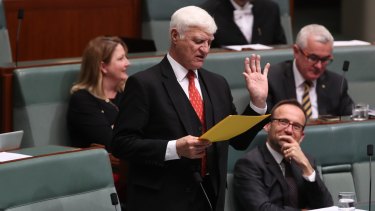 Independent Member for Kennedy Bob Katter, asking a question to Frydenberg during question time at Parliament House last month.