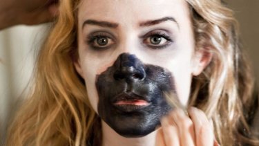 Lisa Dwan applies makeup for the Samuel Beckett play <i>Not I</i>, a breathless monologue delivered by a disembodied mouth 2.5 metres above the stage, in North London.