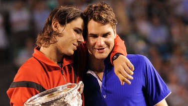 Rafael Nadal with Roger Federer after winning the 2009 Australian Open.