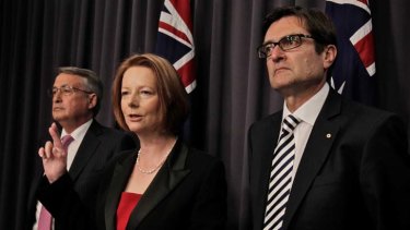 Deputy Prime Minister, Wayne Swan, Prime Minister, Julia Gillard and Climate Change Minister, Greg Combet earlier this month.
