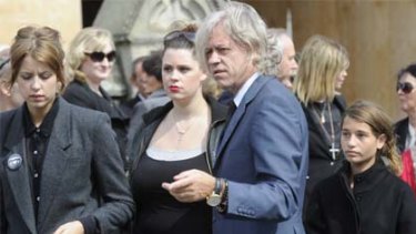 Family sendoff ... Bob Geldof with Tiger Lily, right, and her half-sisters Peaches and Fifi Trixibelle at his father's funeral in August.
