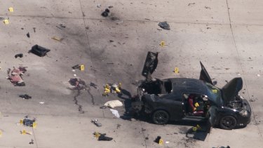 An aerial view shows the car that was used the previous night by two gunmen, who were killed by police.