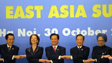 Julia Gillard with Japan's Prime Minister Naoto Kan, Vietnam's Prime Minister Nguyen Tan Dung, China's Premier Wen Jiabao and India's Prime Minister Manmohan Singh at the 5th East Asia Summit in Hanoi in October 2010.