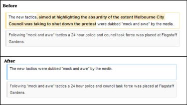 These screenshots show paragraphs on the Occupy Melbourne before and after the second edit to the page.