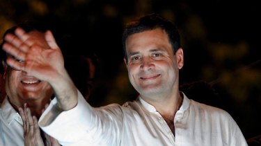 India's opposition Congress party vice-president Rahul Gandhi waves at his supporters.