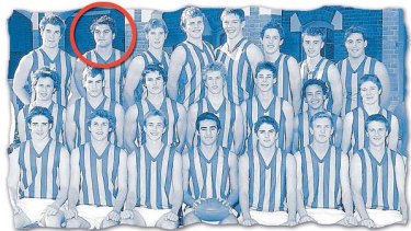 Karmichael Hunt, circled, with the ''Churchie'' school team in 2003. Former Brisbane Lion Scott Harding is in the middle of the front row.