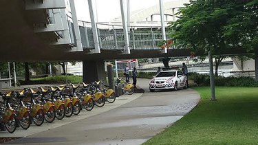 Police at the scene of a suspected murder at South Brisbane on Friday morning.