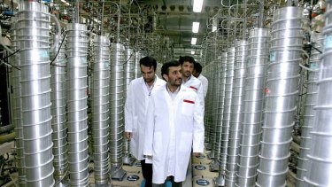 Sabotage ... the Iranian President, Mahmoud Ahmadinejad, examines gas centrifuge cascades at the Natanz  nuclear facility.