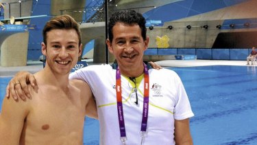 Reverse twist … Mitcham at the London Olympics with his coach, Chava Sobrino, who drew him back into diving after he quit at 18.