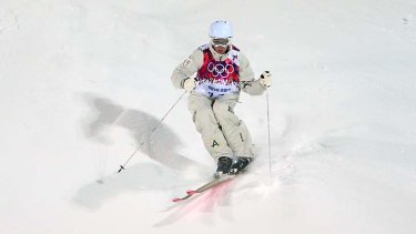 Dale Begg-Smith trains during moguls practice in Sochi.