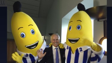Malcolm Turnbull with the ABC Bananas in Pyjamas.