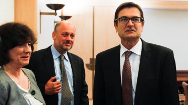 ''The issue's not going to disappear'' ... cimate commissioners Lesley Hughes and Tim Flannery with the Minister for Climate Change, Greg Combet.