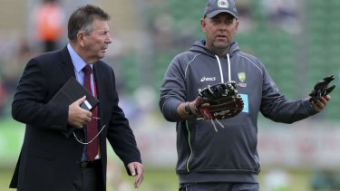 Preparing: Darren Lehmann and Rod Marsh chat during Australia's pre-Ashes warm-up game against Somerset on Wednesday.