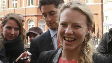 Sarah Harrison, assistant to Julian Assange, thanks supporters outside Ecuador's embassy in London in 2012. She is among the journalists whose details were provided to authorities.
