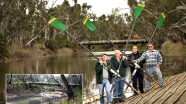 Members of the Dimboola Rowing Club Rod Lehmann, Adrian Werner, Jarrod Bolwell and Keith Moller beside the Wimmera River yesterday. Inset: the riverbed last Friday.