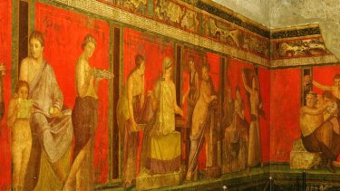 An ancient Roman fresco depicting the cult of Dionysus in the Villa of the Mysteries in Pompeii.