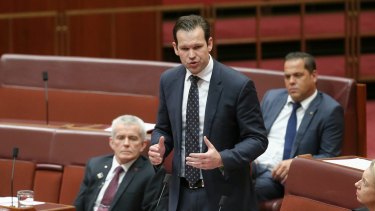 Senator Matt Canavan speaks in the Senate at Parliament House in Canberra on Tuesday 8 August 2017. fedpol Photo: Alex Ellinghausen