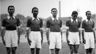 Dutch East Indies players line up to face Hungary during the 1938 World Cup.