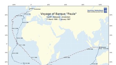 The voyage of Barque 'Paula' that threw bottles overboard to better understand ocean currents.