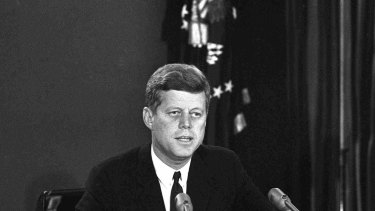 US President John F. Kennedy addresses the US about the blockade of Cuba.