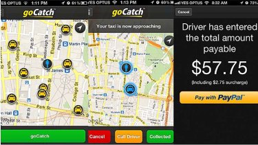Three grabs of the GoCatch app which lets users pay by PayPal and soon credit card.