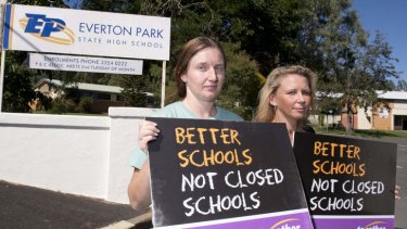 Parents Sue Ellis and Lauren Millard at Everton Park State High School, which faces possible closure.